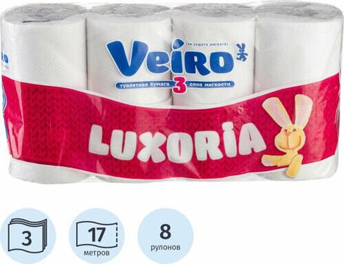 Туалетная бумага Veiro Бумага туалетная "Luxoria", трехслойная, цвет: белый, 8 рулонов