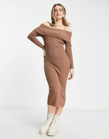 Светло-коричневое трикотажное платье миди с открытыми плечами New Look