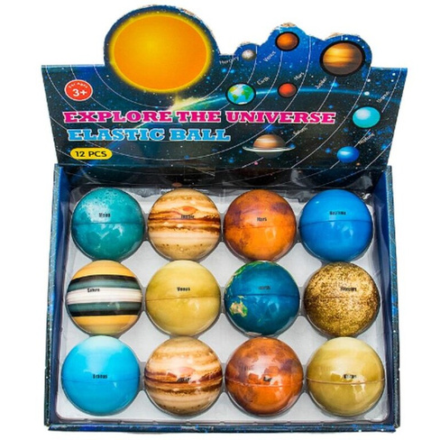 Игрушка-антистресс мячик попрыгунчик Планеты синий, черный (12 штук в упаковке)