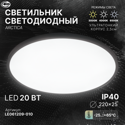 Потолочный светильник светодиодный накладной ARCTICA черный, 20Вт, люстра потолочная led, на кухню, в коридор, в ванную,