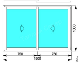 Окно двухстворчатое 1500x1000 мм слайдинг 60 алюминиевый профиль