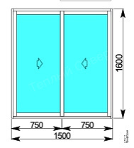 Окно двухстворчатое 1500x1600 мм слайдинг 60, алюминиевый профиль