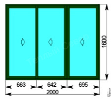 Окно трехстворчатое 2000x1600 мм, слайдинг-60, алюминиевый профиль