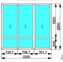 Окно трехстворчатое 2200x2000 мм слайдинг 60, алюминиевый профиль