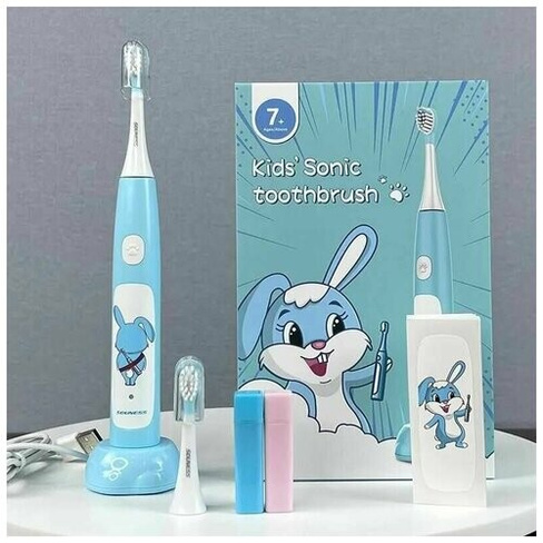 Детская ультразвуковая щетка SOUNESS Electric toothbrush для чистки зубов/ 2 насадки в наборе/ Детская игрушка печать и